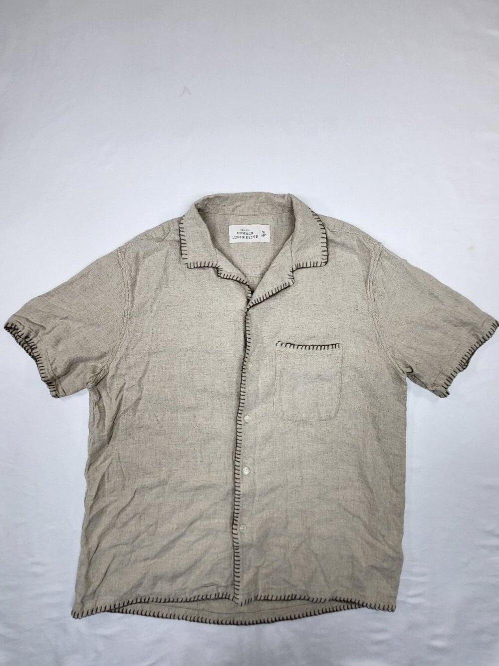 Abercrombie & Fitch Linen Blend Blanket Stitch Camp Collar Shirt Small
